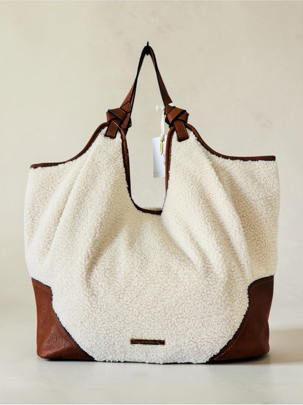 Cream Sherpa & Brown Leather Tote Bag - Women